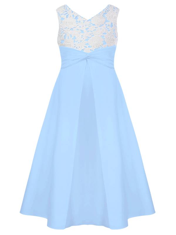 Girls V-neck Sleeveless Bowknot Floral Embroidery Calf Length Dress for Prom thumb