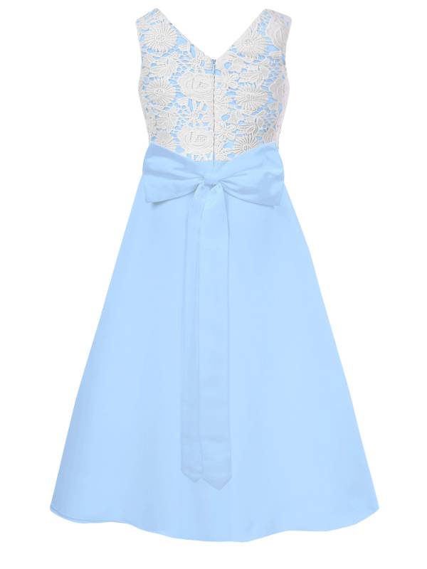 Girls V-neck Sleeveless Bowknot Floral Embroidery Calf Length Dress for Prom thumb
