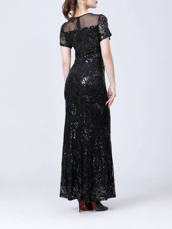 Women Retro Short Sleeve Glittery Sequins Embroidery Party Dress thumb