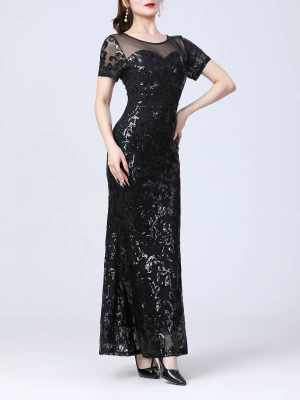 Women Retro Short Sleeve Glittery Sequins Embroidery Party Dress thumb
