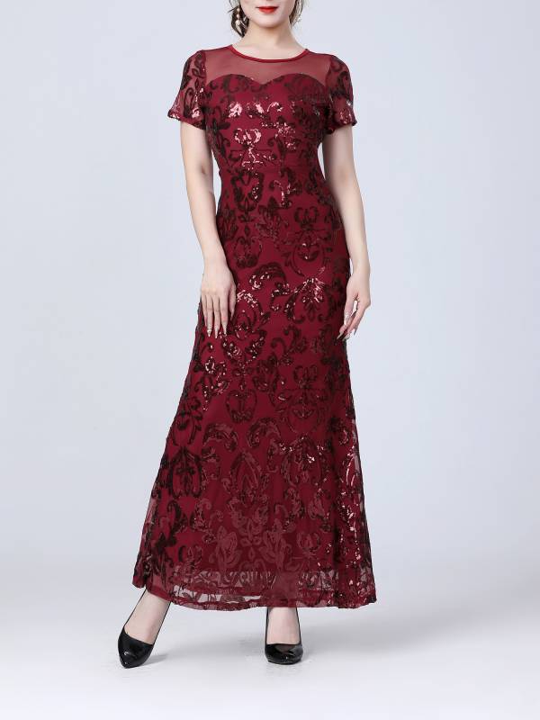 Women Retro Short Sleeve Glittery Sequins Embroidery Party Dress thumb