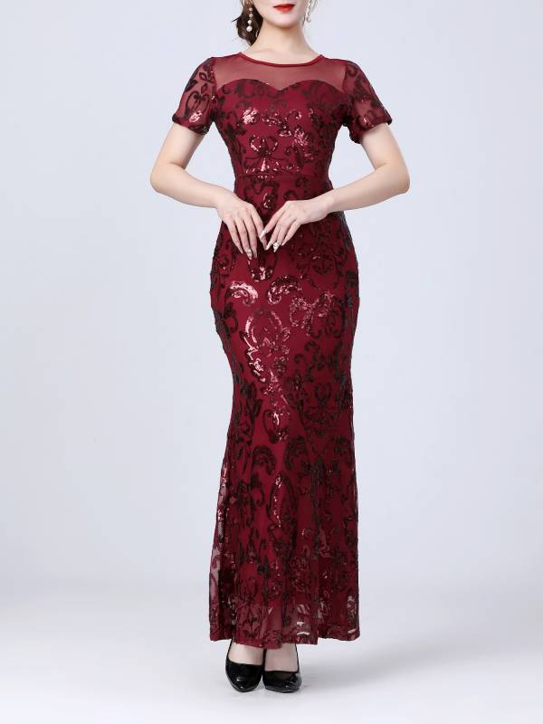 Women Retro Short Sleeve Glittery Sequins Embroidery Party Dress thumb