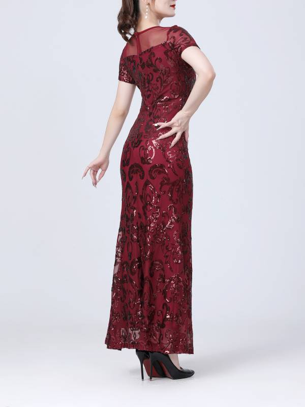 Women Retro Short Sleeve Glittery Sequins Embroidery Party Dress thumb