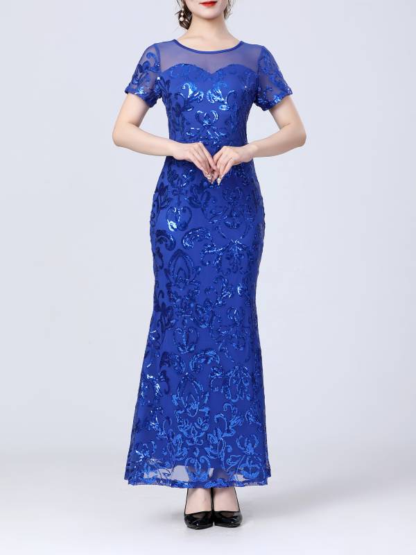 Women Retro Short Sleeve Glittery Sequins Embroidery Party Dress thumb