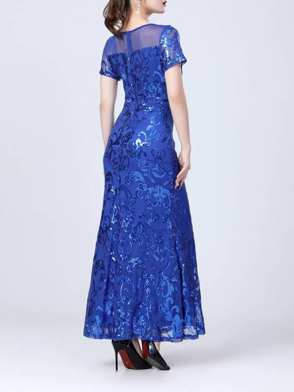 Women Retro Short Sleeve Glittery Sequins Embroidery Party Dress thumb