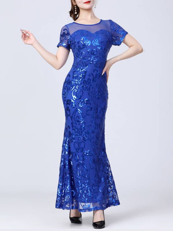 Women Retro Short Sleeve Glittery Sequins Embroidery Party Dress thumb