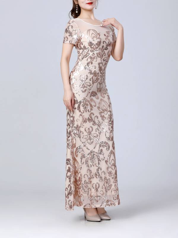 Women Retro Short Sleeve Glittery Sequins Embroidery Party Dress thumb