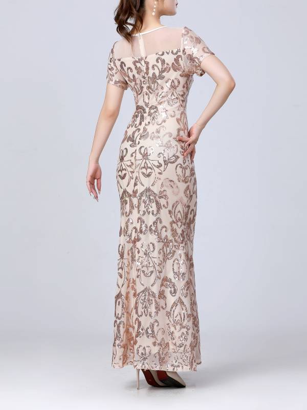 Women Retro Short Sleeve Glittery Sequins Embroidery Party Dress thumb