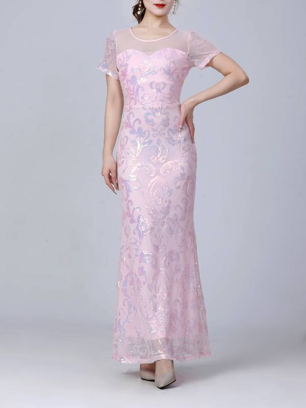 Women Retro Short Sleeve Glittery Sequins Embroidery Party Dress thumb