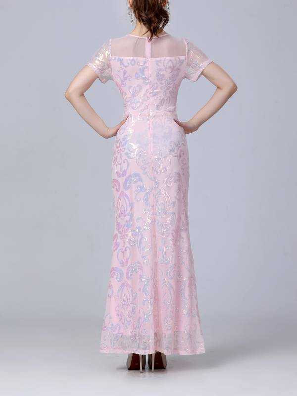 Women Retro Short Sleeve Glittery Sequins Embroidery Party Dress thumb