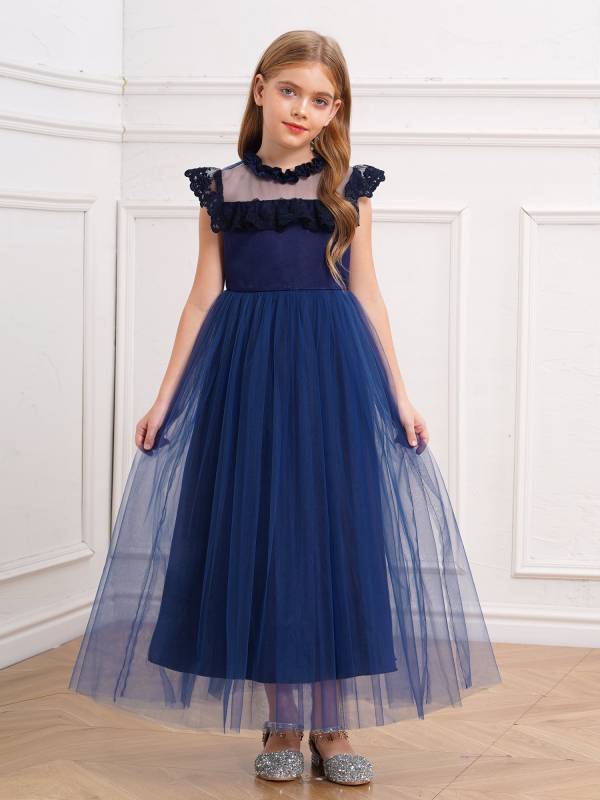 Girls Flutter Sleeve Lace Tulle A-line Midi Length Flower Girl Dress thumb