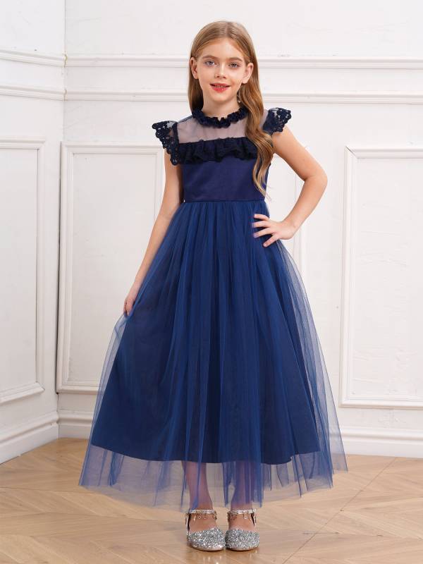 Girls Flutter Sleeve Lace Tulle A-line Midi Length Flower Girl Dress thumb