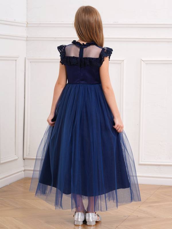 Girls Flutter Sleeve Lace Tulle A-line Midi Length Flower Girl Dress thumb
