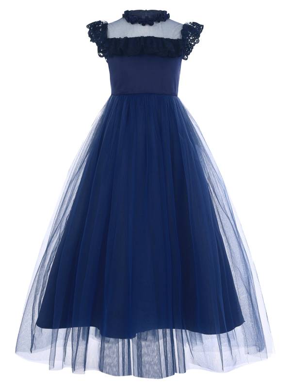 Girls Flutter Sleeve Lace Tulle A-line Midi Length Flower Girl Dress thumb