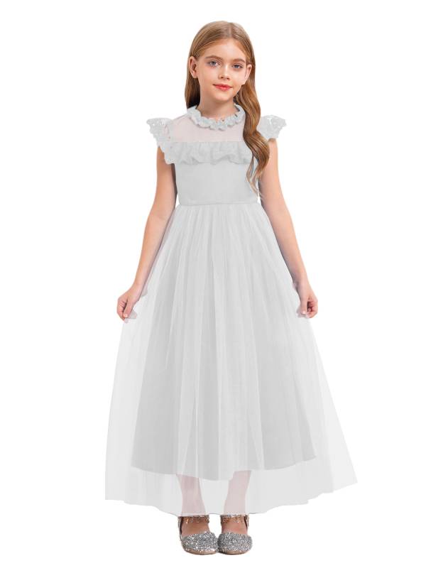 Girls Flutter Sleeve Lace Tulle A-line Midi Length Flower Girl Dress thumb