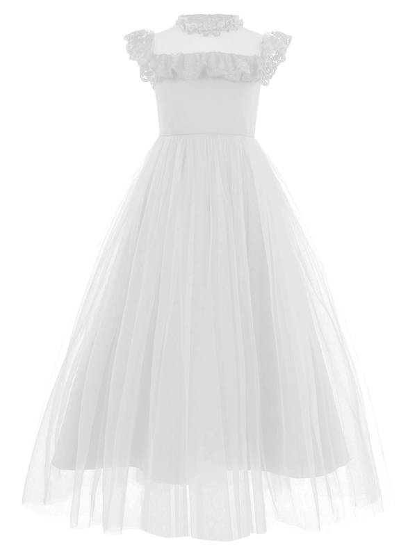 Girls Flutter Sleeve Lace Tulle A-line Midi Length Flower Girl Dress thumb