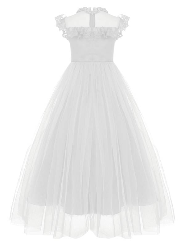 Girls Flutter Sleeve Lace Tulle A-line Midi Length Flower Girl Dress thumb
