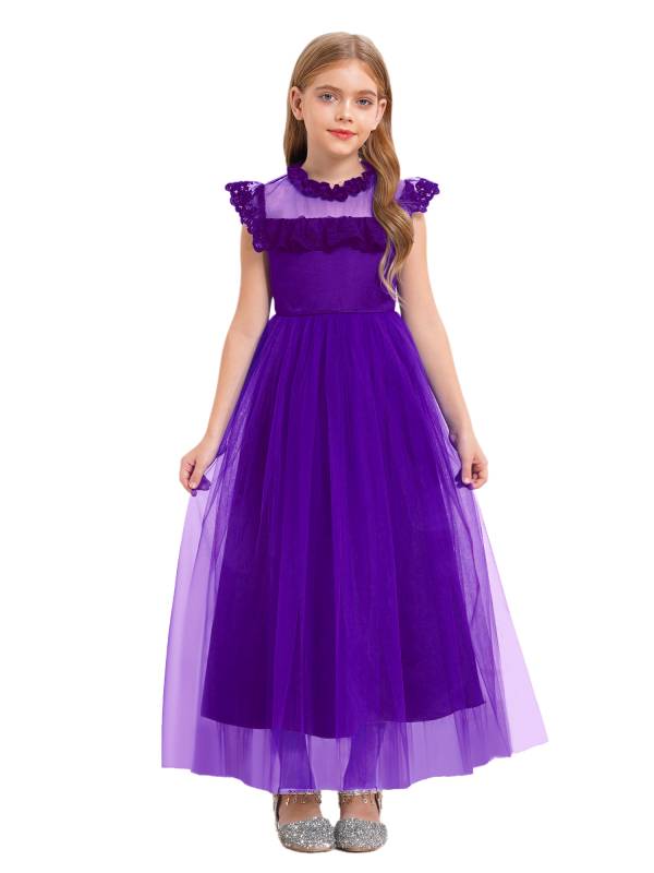 Girls Flutter Sleeve Lace Tulle A-line Midi Length Flower Girl Dress thumb