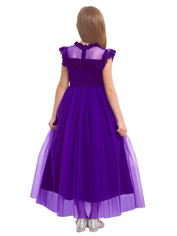 Girls Flutter Sleeve Lace Tulle A-line Midi Length Flower Girl Dress thumb