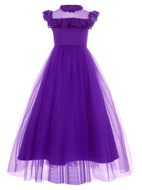 Girls Flutter Sleeve Lace Tulle A-line Midi Length Flower Girl Dress thumb