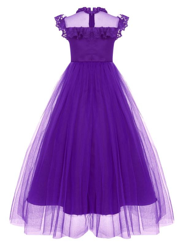 Girls Flutter Sleeve Lace Tulle A-line Midi Length Flower Girl Dress thumb