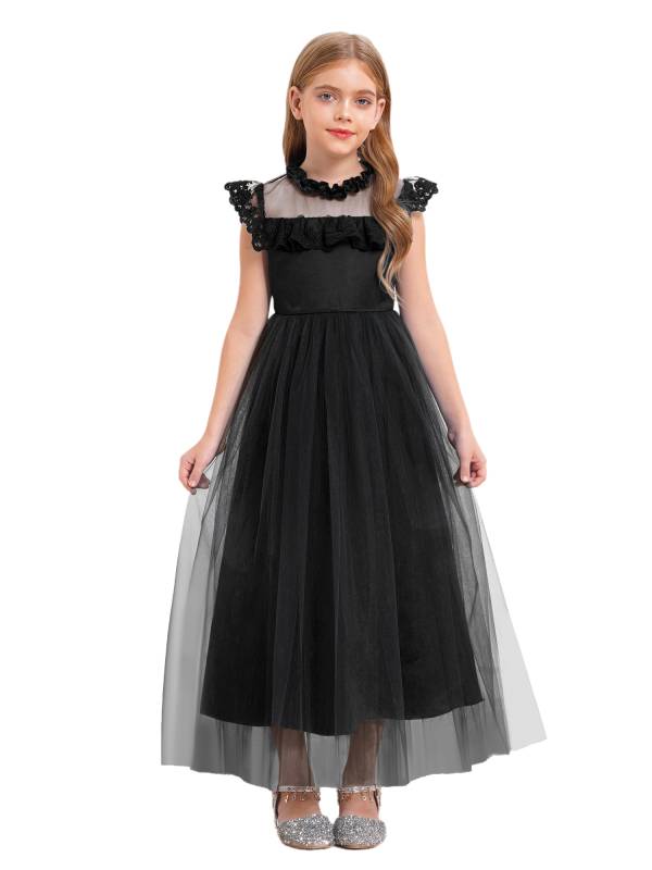 Girls Flutter Sleeve Lace Tulle A-line Midi Length Flower Girl Dress thumb
