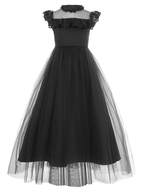 Girls Flutter Sleeve Lace Tulle A-line Midi Length Flower Girl Dress thumb