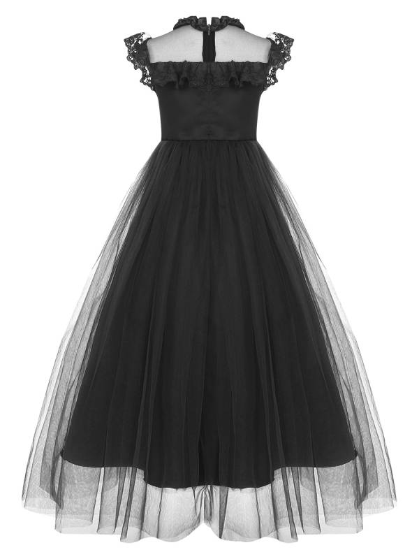 Girls Flutter Sleeve Lace Tulle A-line Midi Length Flower Girl Dress thumb