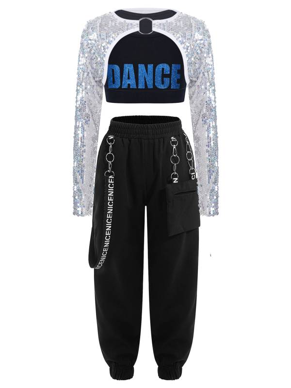 Kids Girls 3pcs Crop Top with Sequin Bolero and Metal Chain Pants Dance Set thumb