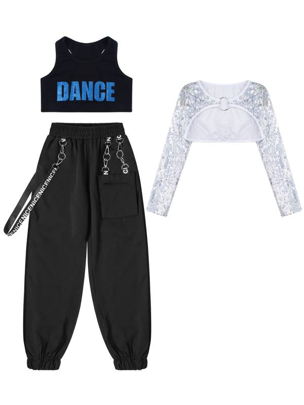 Kids Girls 3pcs Crop Top with Sequin Bolero and Metal Chain Pants Dance Set thumb