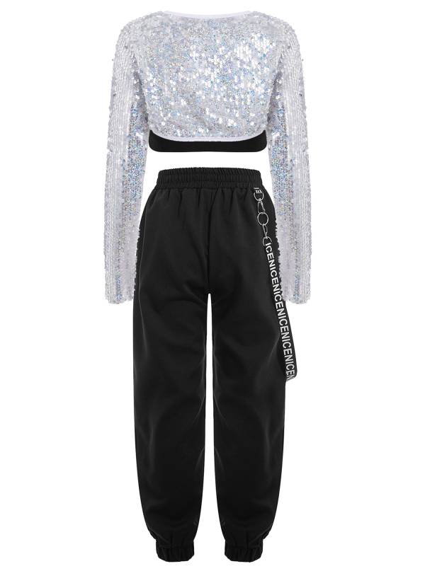 Kids Girls 3pcs Crop Top with Sequin Bolero and Metal Chain Pants Dance Set thumb