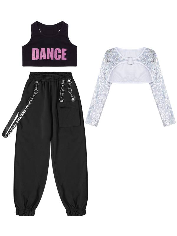 Kids Girls 3pcs Crop Top with Sequin Bolero and Metal Chain Pants Dance Set thumb