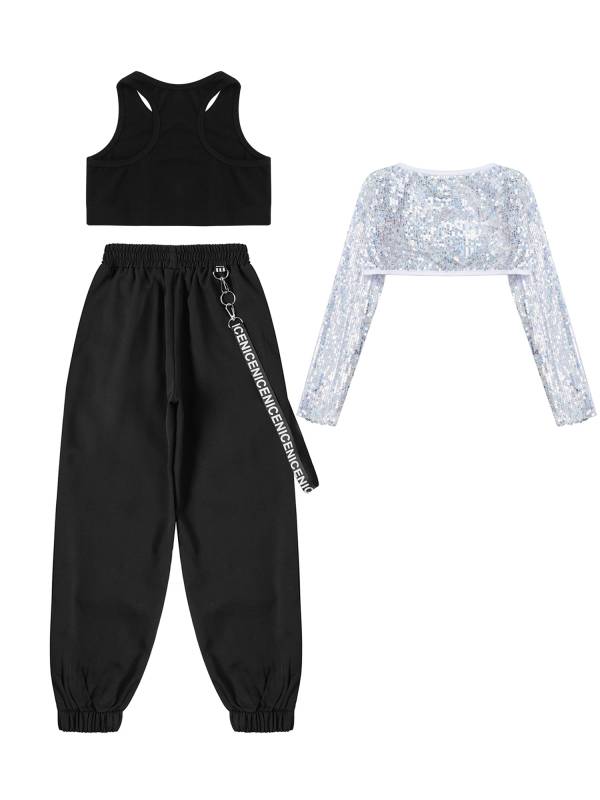 Kids Girls 3pcs Crop Top with Sequin Bolero and Metal Chain Pants Dance Set thumb
