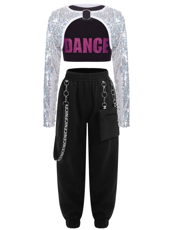 Kids Girls 3pcs Crop Top with Sequin Bolero and Metal Chain Pants Dance Set thumb