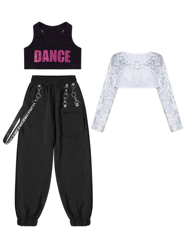 Kids Girls 3pcs Crop Top with Sequin Bolero and Metal Chain Pants Dance Set thumb