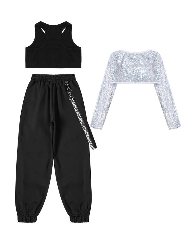Kids Girls 3pcs Crop Top with Sequin Bolero and Metal Chain Pants Dance Set thumb