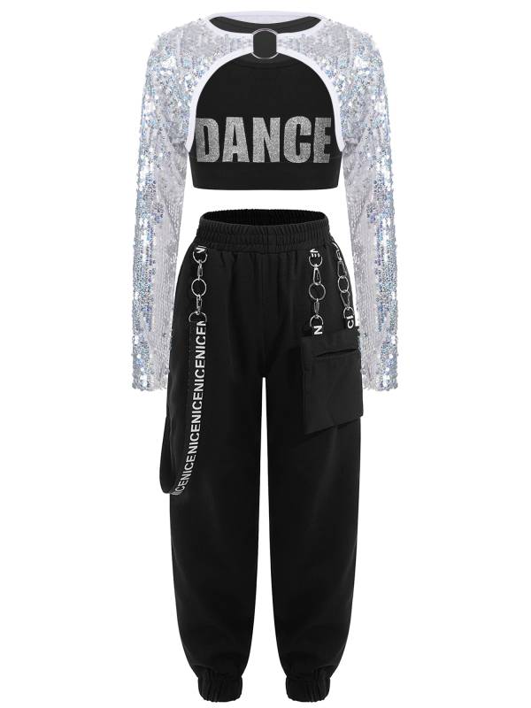 Kids Girls 3pcs Crop Top with Sequin Bolero and Metal Chain Pants Dance Set thumb