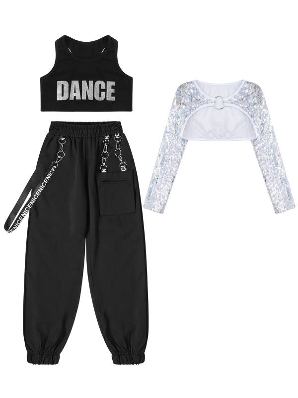 Kids Girls 3pcs Crop Top with Sequin Bolero and Metal Chain Pants Dance Set thumb