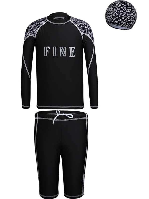 Boys 3pcs Long Sleeve Top and Shorts with Hat Swimming Set thumb