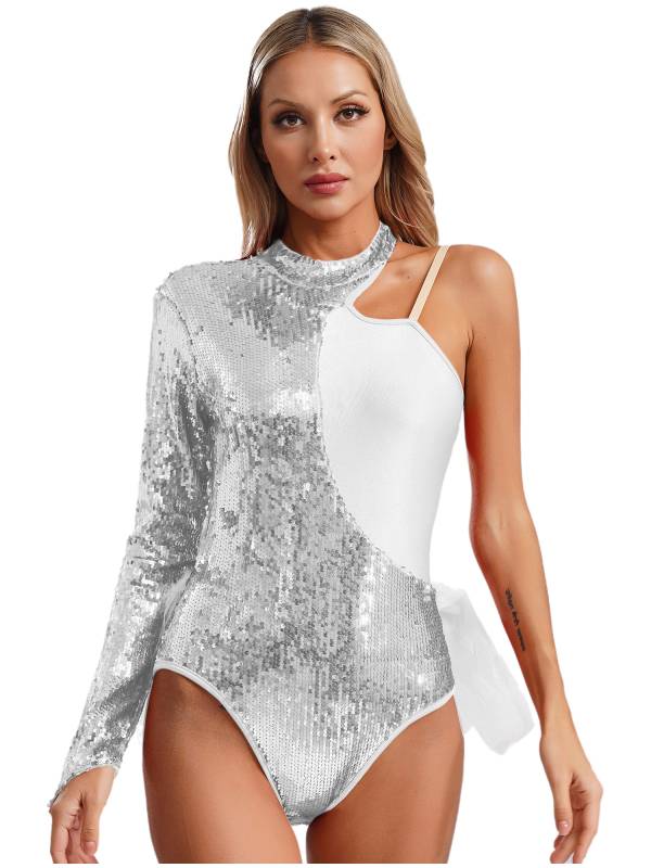 Women Sequins One Shoulder Long Sleeve Tulle Skirted Dance Leotard thumb