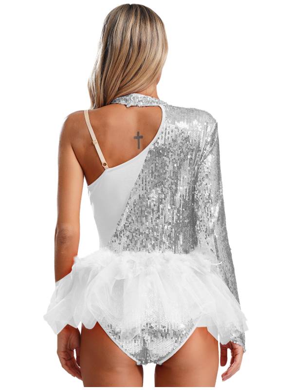 Women Sequins One Shoulder Long Sleeve Tulle Skirted Dance Leotard thumb