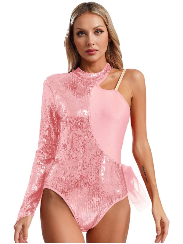 Women Sequins One Shoulder Long Sleeve Tulle Skirted Dance Leotard thumb