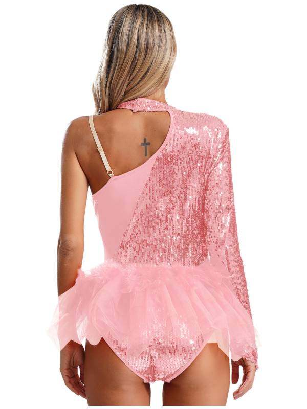Women Sequins One Shoulder Long Sleeve Tulle Skirted Dance Leotard thumb
