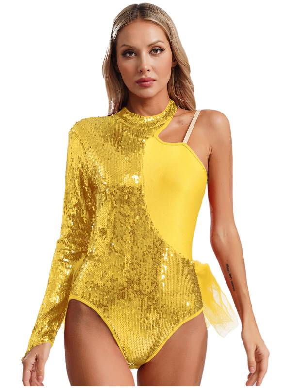 Women Sequins One Shoulder Long Sleeve Tulle Skirted Dance Leotard thumb