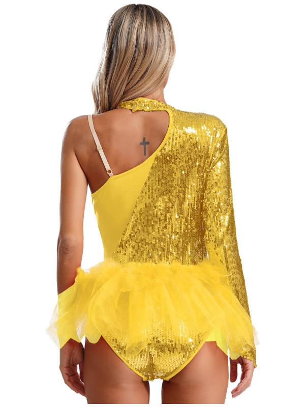 Women Sequins One Shoulder Long Sleeve Tulle Skirted Dance Leotard thumb