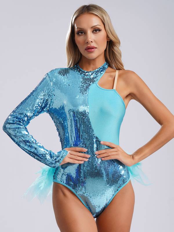 Women Sequins One Shoulder Long Sleeve Tulle Skirted Dance Leotard thumb