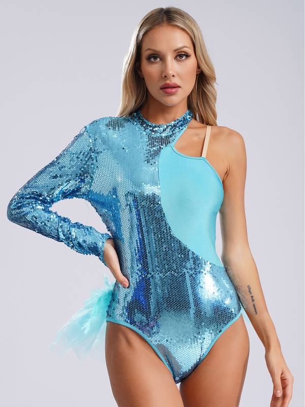Women Sequins One Shoulder Long Sleeve Tulle Skirted Dance Leotard thumb