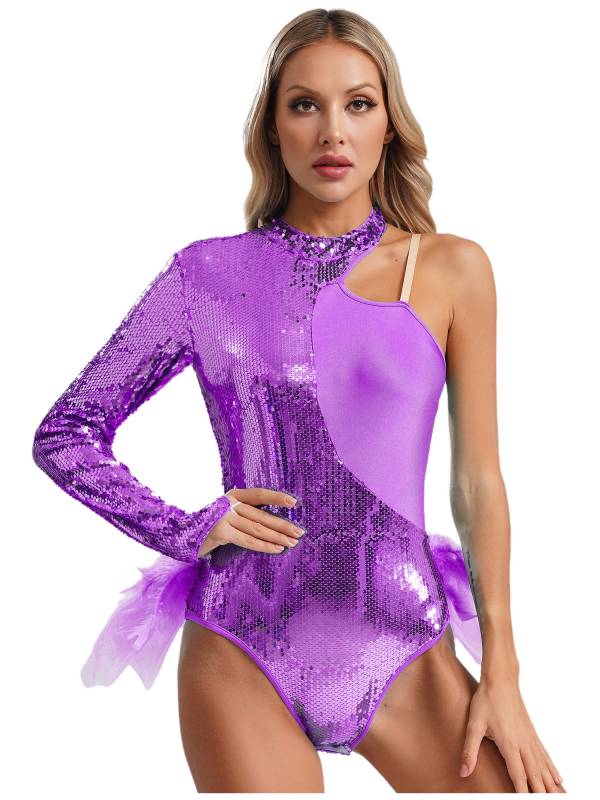 Women Sequins One Shoulder Long Sleeve Tulle Skirted Dance Leotard thumb