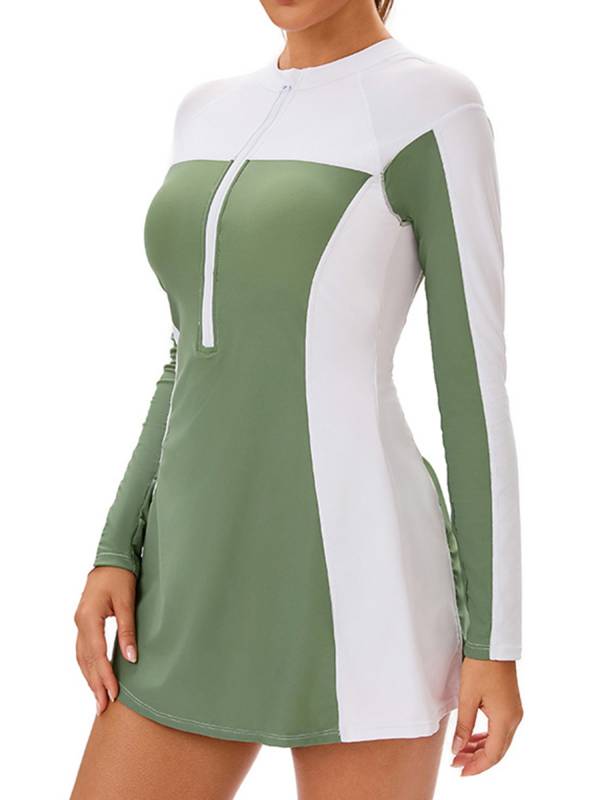 Women Long Sleeve Front Zipper Swim A-line Dress UPF 50+ Rash Guard thumb