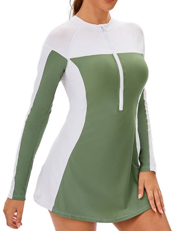 Women Long Sleeve Front Zipper Swim A-line Dress UPF 50+ Rash Guard thumb
